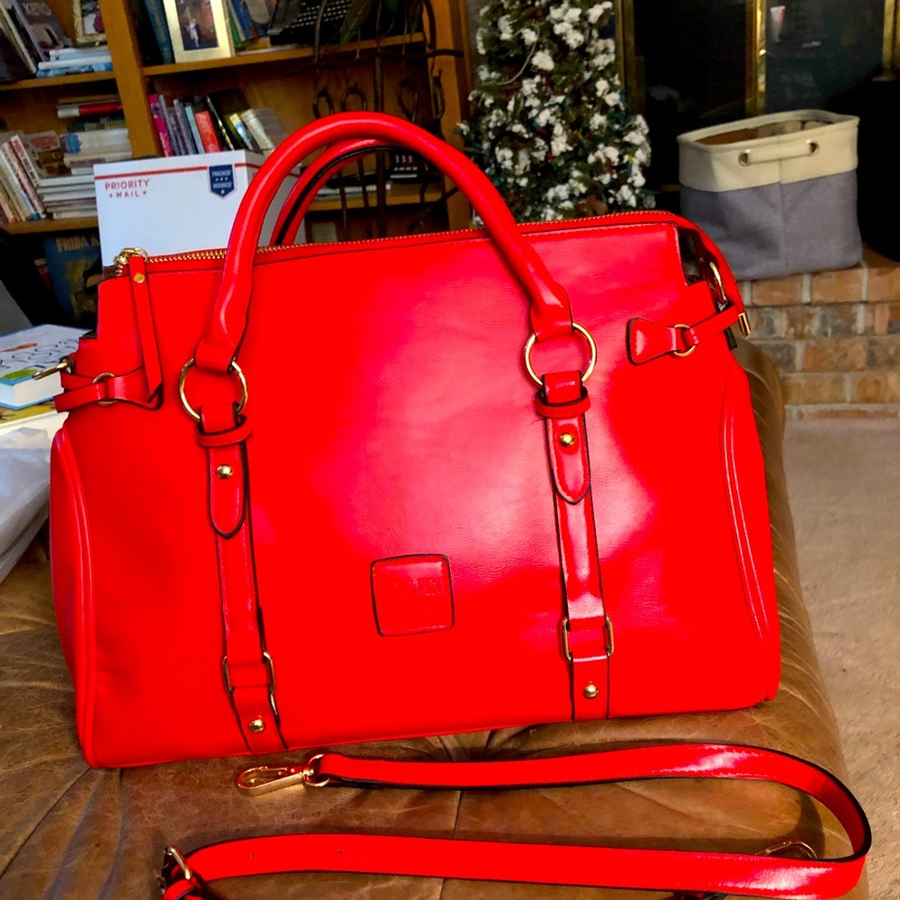 Vegan Red Tote Purse with Brown Cloth Lining